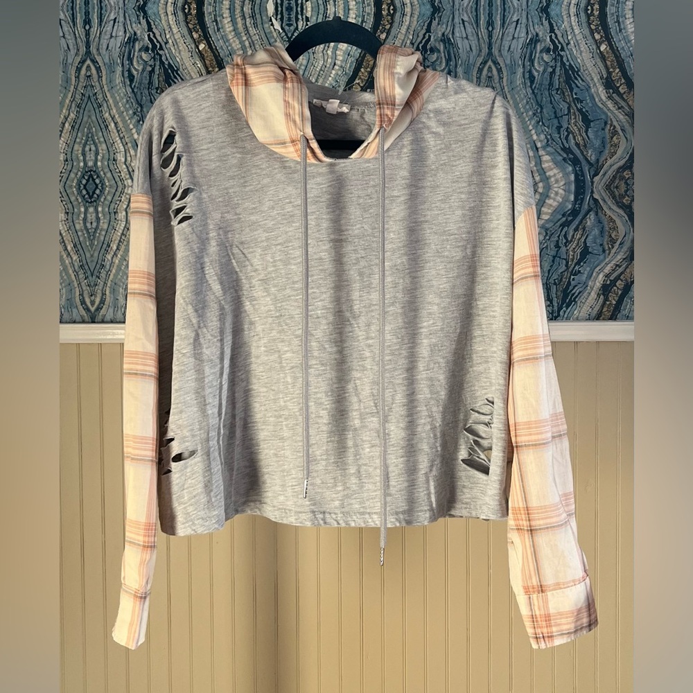 Dance & Marvel Distressed Gray and Pink Hoodie, Size L